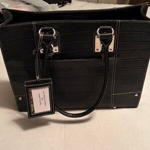 Black Croc-Embossed Leather Tote Bag